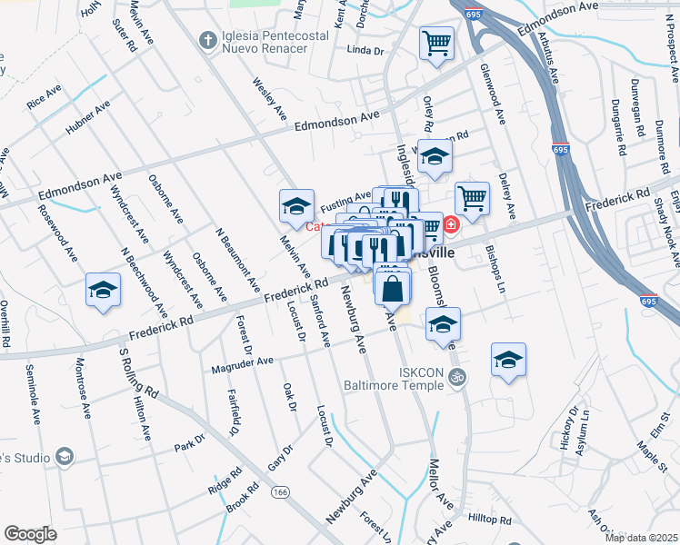 map of restaurants, bars, coffee shops, grocery stores, and more near 906 Frederick Road in Catonsville
