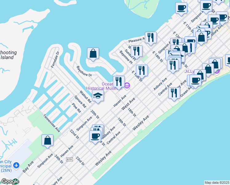 map of restaurants, bars, coffee shops, grocery stores, and more near 1 East 18th Street in Ocean City
