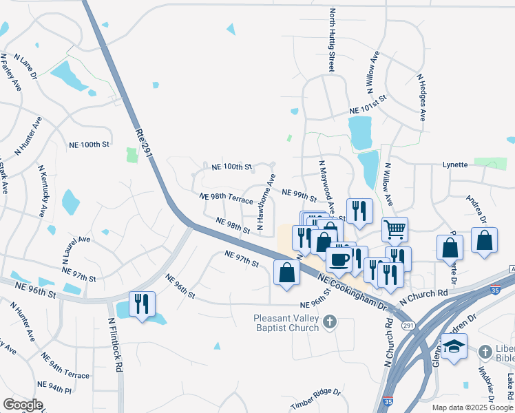 map of restaurants, bars, coffee shops, grocery stores, and more near 9835 Northeast 98th Terrace in Kansas City