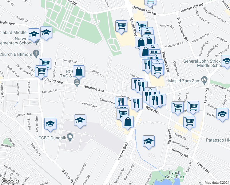 map of restaurants, bars, coffee shops, grocery stores, and more near 7504 Holabird Avenue in Dundalk