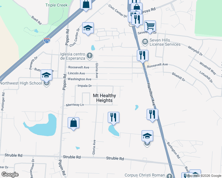 map of restaurants, bars, coffee shops, grocery stores, and more near 10767 Valiant Drive in Cincinnati