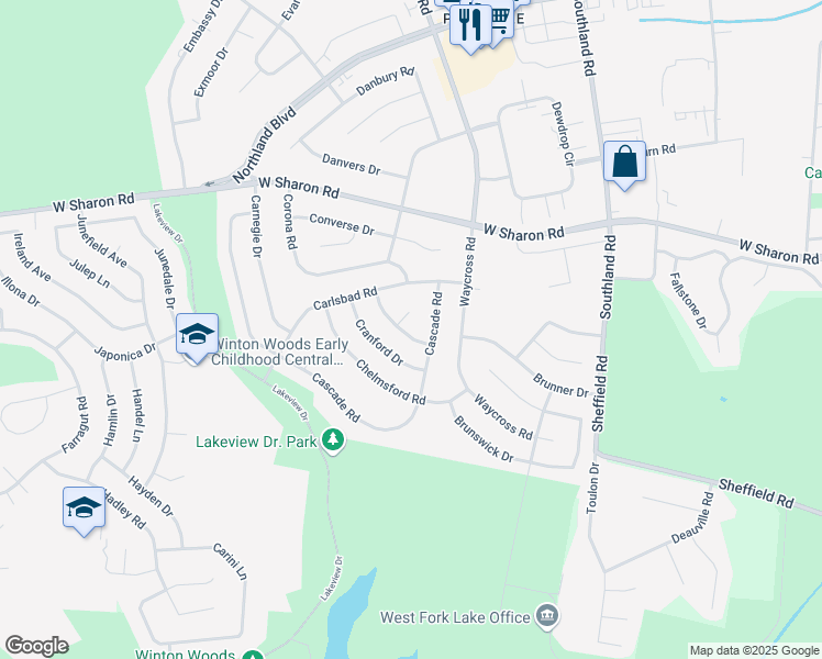 map of restaurants, bars, coffee shops, grocery stores, and more near 650 Crenshaw Lane in Cincinnati