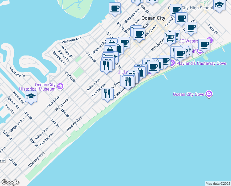 map of restaurants, bars, coffee shops, grocery stores, and more near 1416 Ocean Avenue in Ocean City