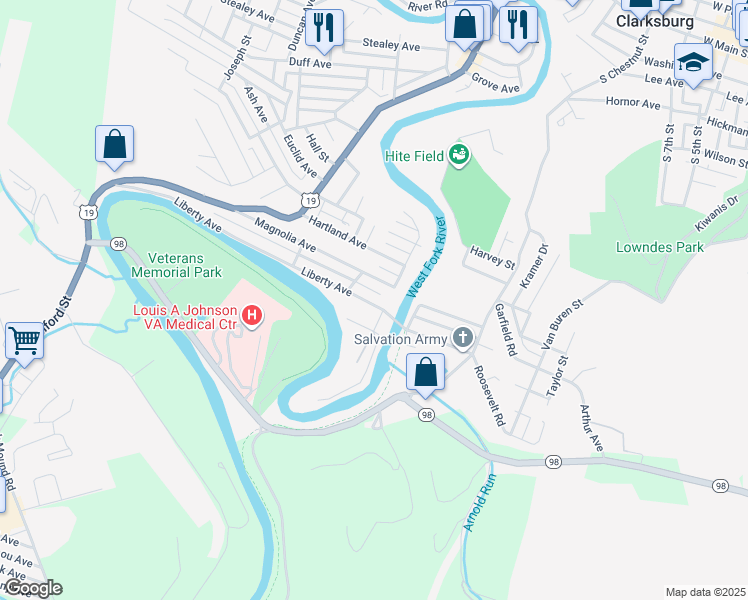 map of restaurants, bars, coffee shops, grocery stores, and more near 325 Liberty Ave in Clarksburg