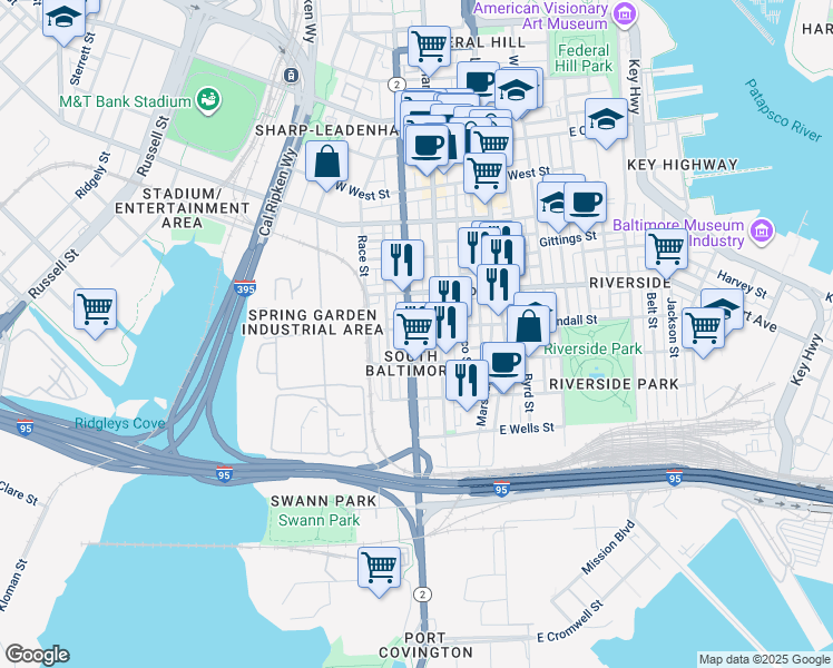 map of restaurants, bars, coffee shops, grocery stores, and more near 1603 South Hanover Street in Baltimore