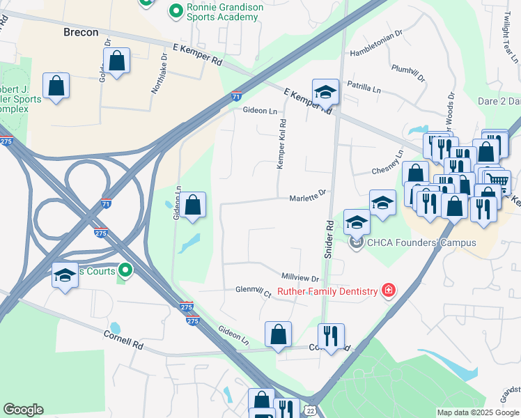 map of restaurants, bars, coffee shops, grocery stores, and more near 11322 Marlette Drive in Cincinnati