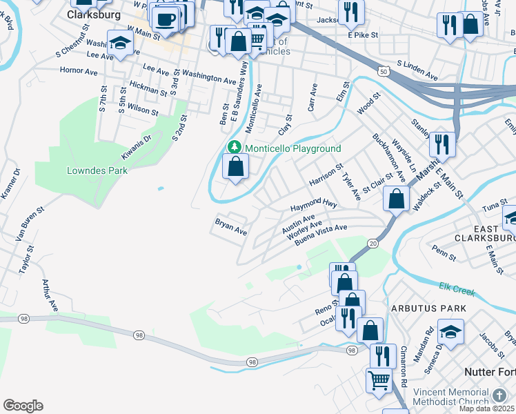 map of restaurants, bars, coffee shops, grocery stores, and more near 217 Haymond Hwy in Clarksburg