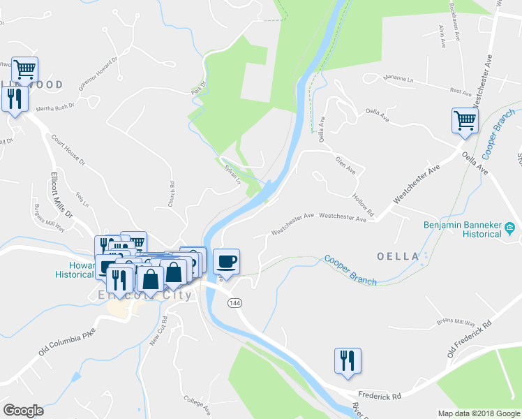 map of restaurants, bars, coffee shops, grocery stores, and more near 1005 Lillies Lane in Ellicott City