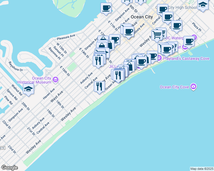 map of restaurants, bars, coffee shops, grocery stores, and more near 1416 Ocean Avenue in Ocean City
