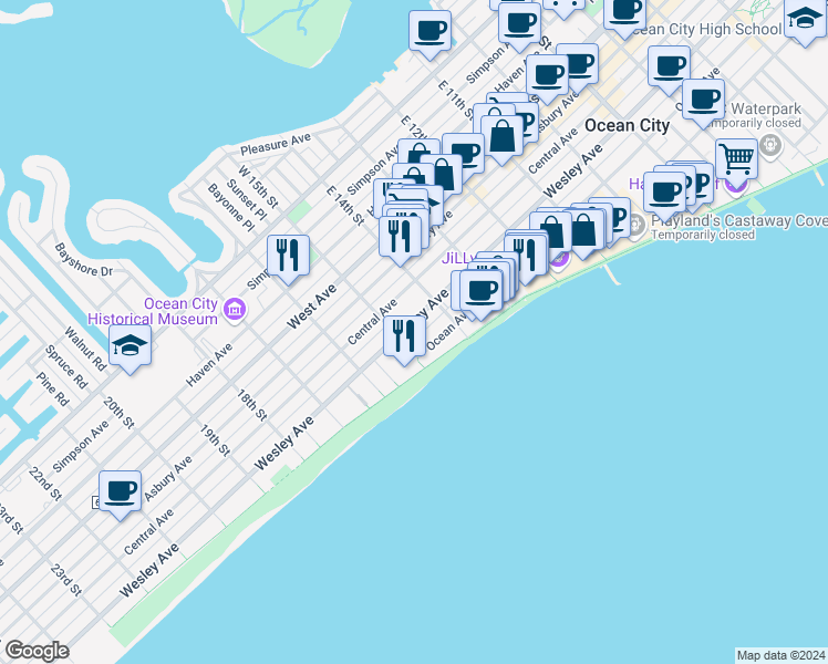 map of restaurants, bars, coffee shops, grocery stores, and more near 1425 Wesley Avenue in Ocean City