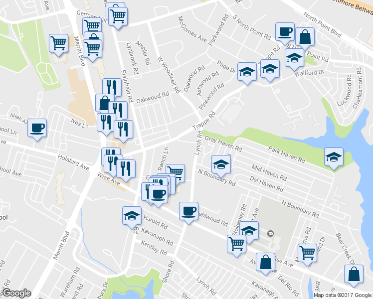 map of restaurants, bars, coffee shops, grocery stores, and more near 1616 Lynch Rd in Dundalk