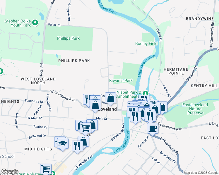 map of restaurants, bars, coffee shops, grocery stores, and more near 446 Ohio Avenue in Loveland
