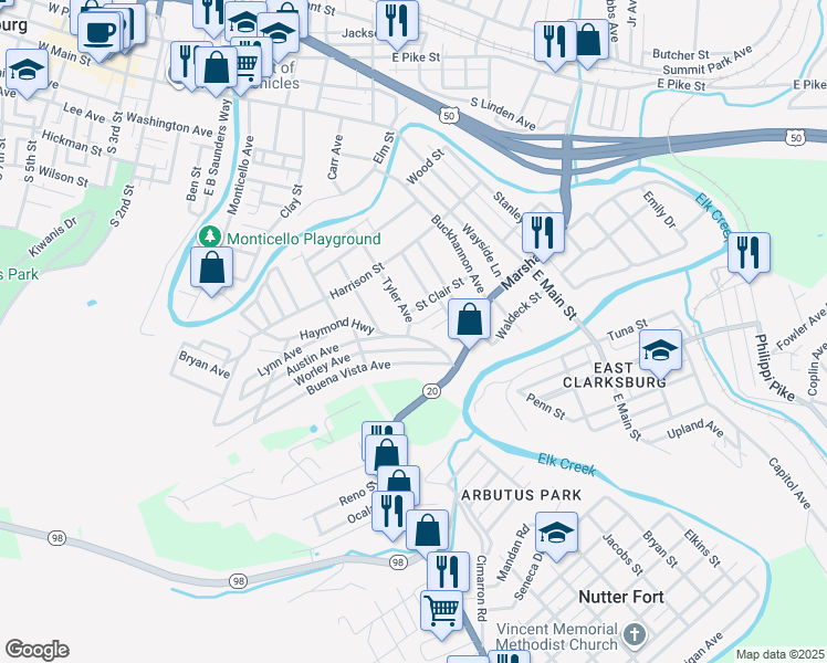 map of restaurants, bars, coffee shops, grocery stores, and more near 510 Haymond Highway in Clarksburg