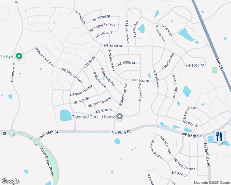 map of restaurants, bars, coffee shops, grocery stores, and more near 9707 North Donnelly Avenue in Kansas City