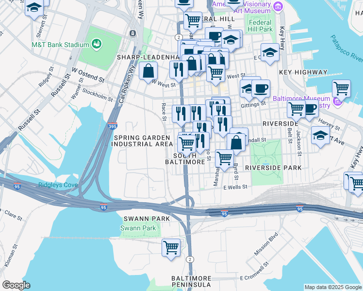 map of restaurants, bars, coffee shops, grocery stores, and more near 1600 South Hanover Street in Baltimore