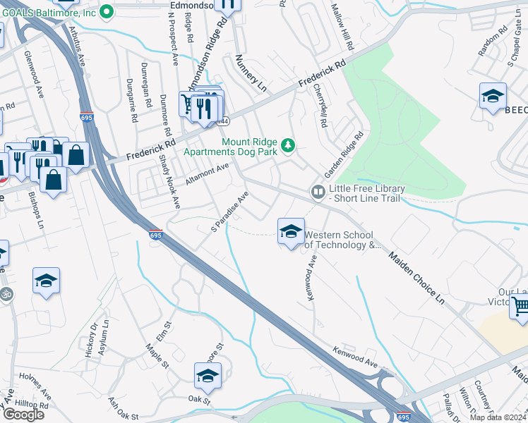 map of restaurants, bars, coffee shops, grocery stores, and more near 6 Tanglewood Road in Catonsville