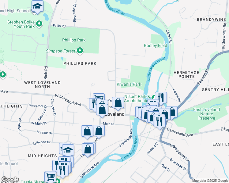 map of restaurants, bars, coffee shops, grocery stores, and more near 205 Wall Street in Loveland