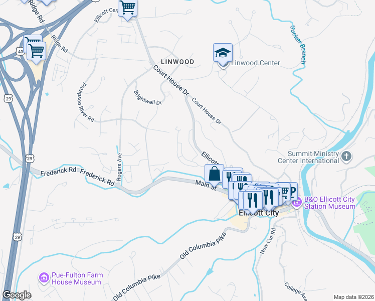 map of restaurants, bars, coffee shops, grocery stores, and more near 3120 Burgess Mill Way in Ellicott City