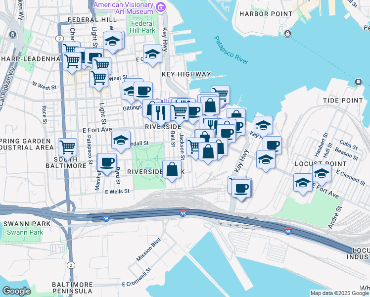 map of restaurants, bars, coffee shops, grocery stores, and more near 1623 Jackson Street in Baltimore