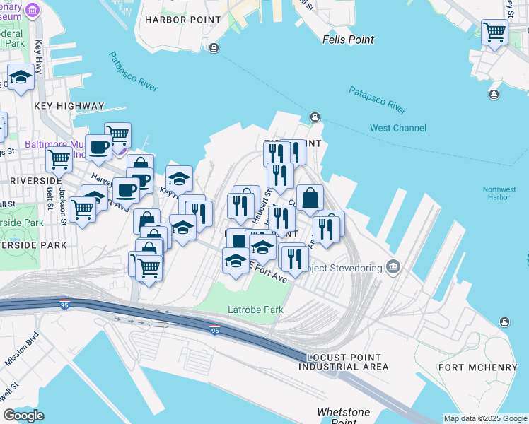 map of restaurants, bars, coffee shops, grocery stores, and more near 1303 Haubert Street in Baltimore