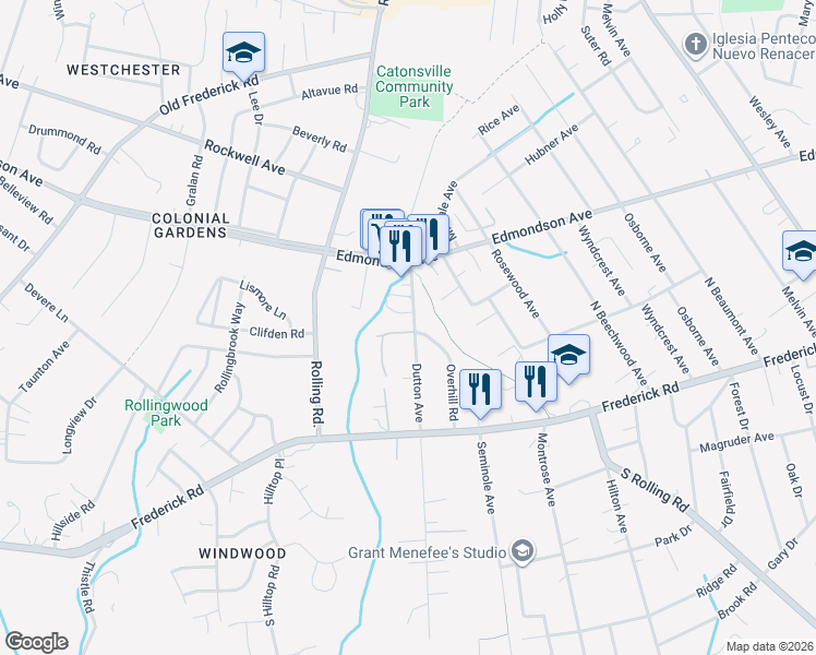 map of restaurants, bars, coffee shops, grocery stores, and more near 18 Dutton Avenue in Catonsville