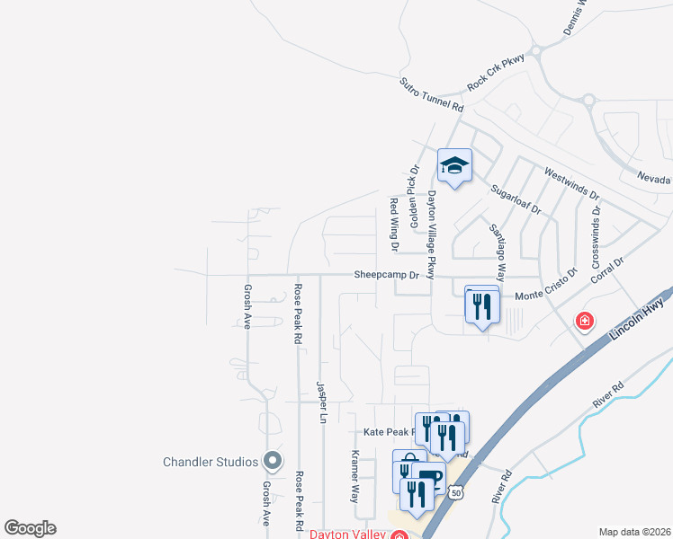 map of restaurants, bars, coffee shops, grocery stores, and more near 6 Rose Peak Road in Dayton