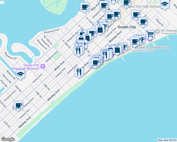 map of restaurants, bars, coffee shops, grocery stores, and more near 1404 Ocean Avenue in Ocean City