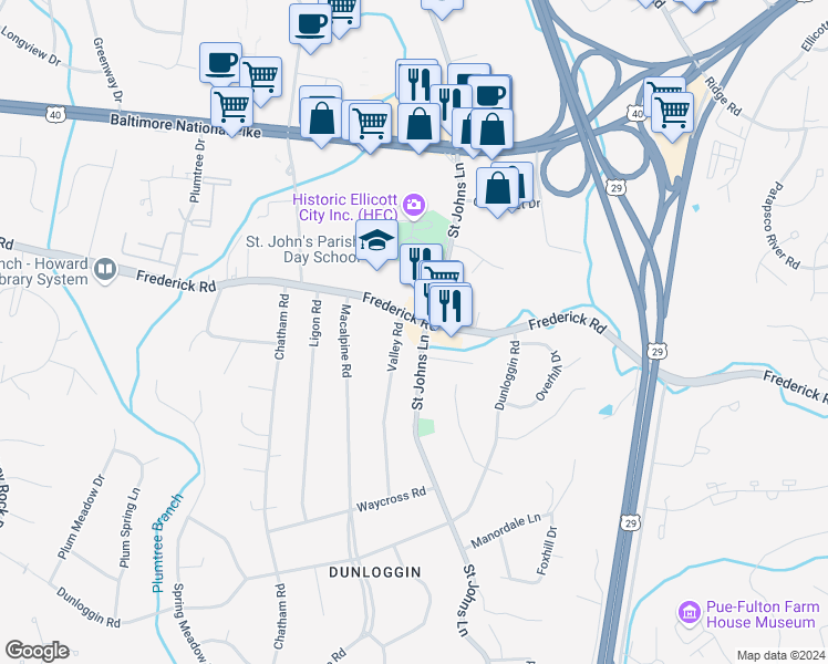 map of restaurants, bars, coffee shops, grocery stores, and more near 3600 Saint Johns Lane in Ellicott City