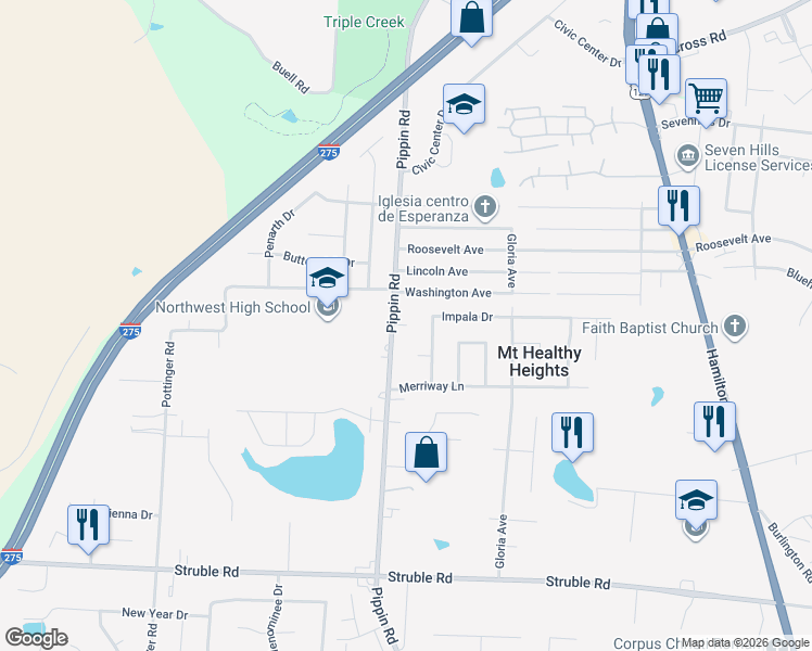 map of restaurants, bars, coffee shops, grocery stores, and more near 10766 Pippin Road in Cincinnati