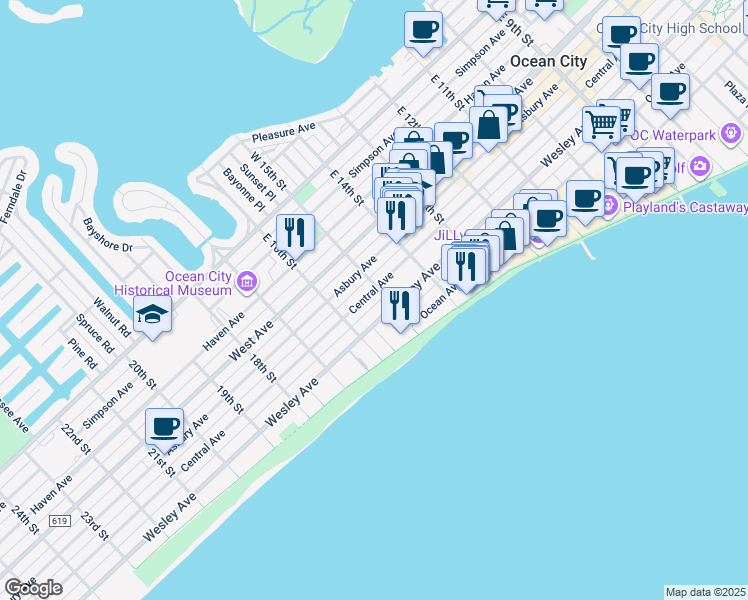 map of restaurants, bars, coffee shops, grocery stores, and more near 1509 Central Avenue in Ocean City