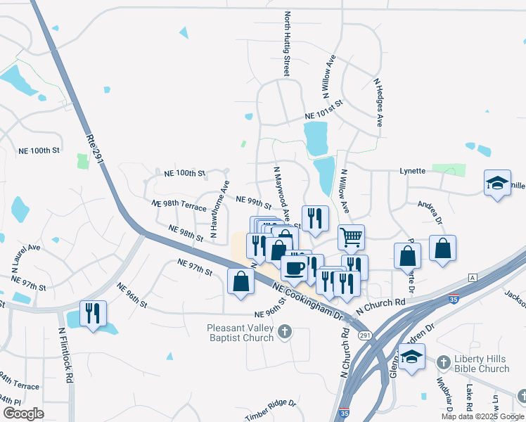 map of restaurants, bars, coffee shops, grocery stores, and more near 10103 Northeast 99th Street in Kansas City