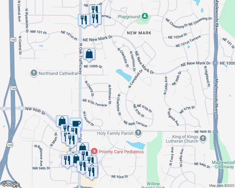 map of restaurants, bars, coffee shops, grocery stores, and more near 9804 North Charlotte Street in Kansas City