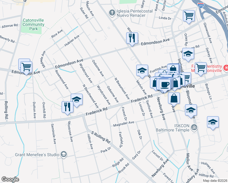 map of restaurants, bars, coffee shops, grocery stores, and more near 8 Osborne Avenue in Catonsville