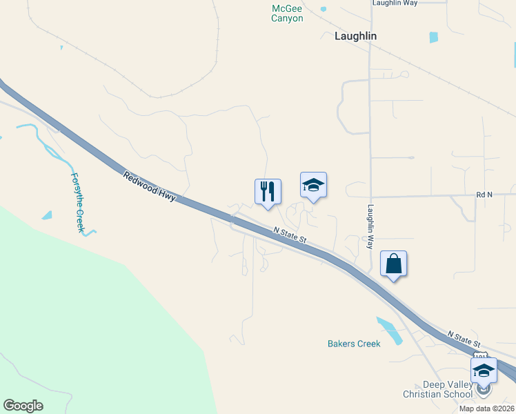 map of restaurants, bars, coffee shops, grocery stores, and more near 9711 North State Street in Redwood Valley