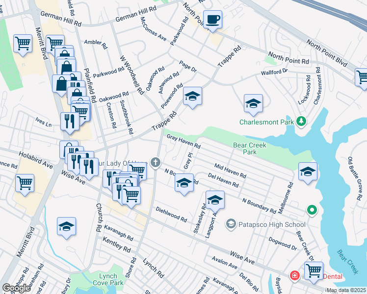 map of restaurants, bars, coffee shops, grocery stores, and more near 1609 Gray Haven Court in Dundalk