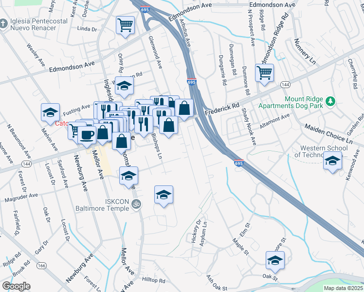 map of restaurants, bars, coffee shops, grocery stores, and more near 12 Holmehurst Avenue in Catonsville
