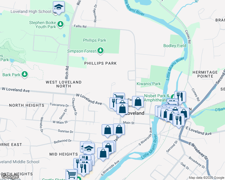 map of restaurants, bars, coffee shops, grocery stores, and more near 678 Park Avenue in Loveland