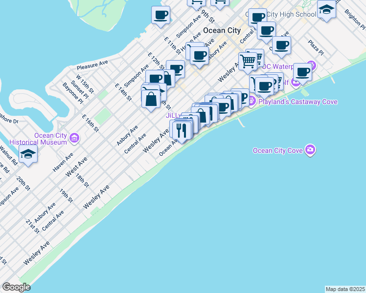 map of restaurants, bars, coffee shops, grocery stores, and more near 1336 Boardwalk in Ocean City