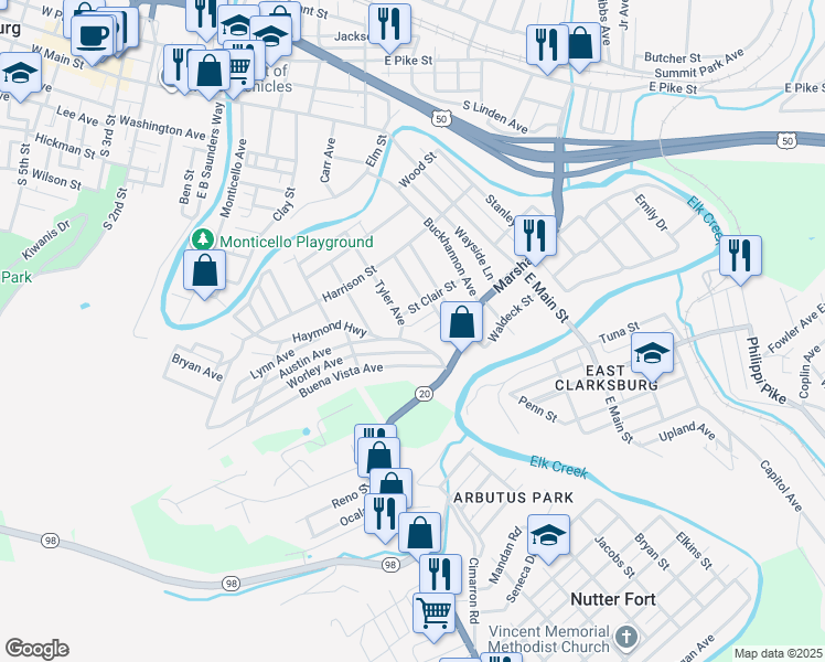 map of restaurants, bars, coffee shops, grocery stores, and more near 510 Haymond Highway in Clarksburg