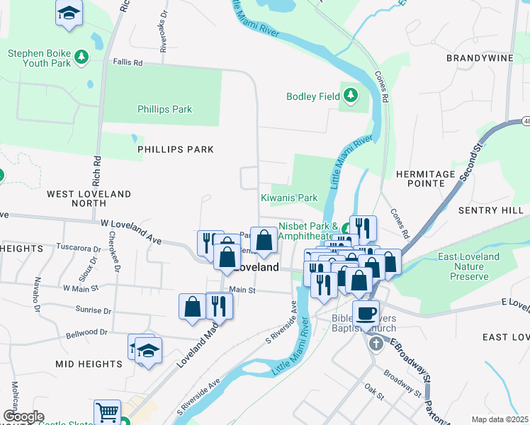 map of restaurants, bars, coffee shops, grocery stores, and more near 205 Wall Street in Loveland