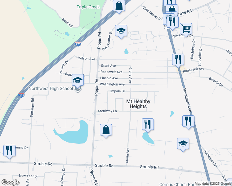 map of restaurants, bars, coffee shops, grocery stores, and more near 2579 Impala Drive in Cincinnati
