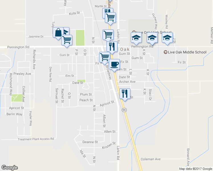 map of restaurants, bars, coffee shops, grocery stores, and more near 9688 Center Street in Live Oak