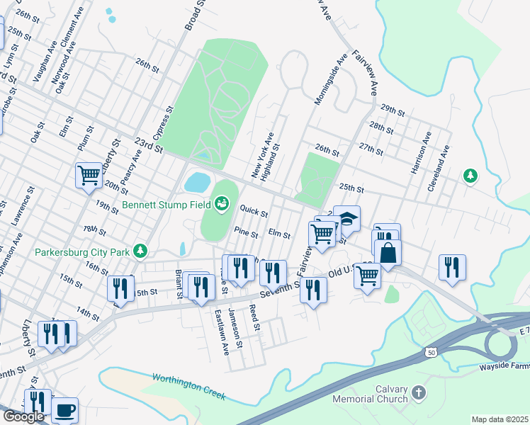 map of restaurants, bars, coffee shops, grocery stores, and more near 1001 Dickel Ave in Parkersburg