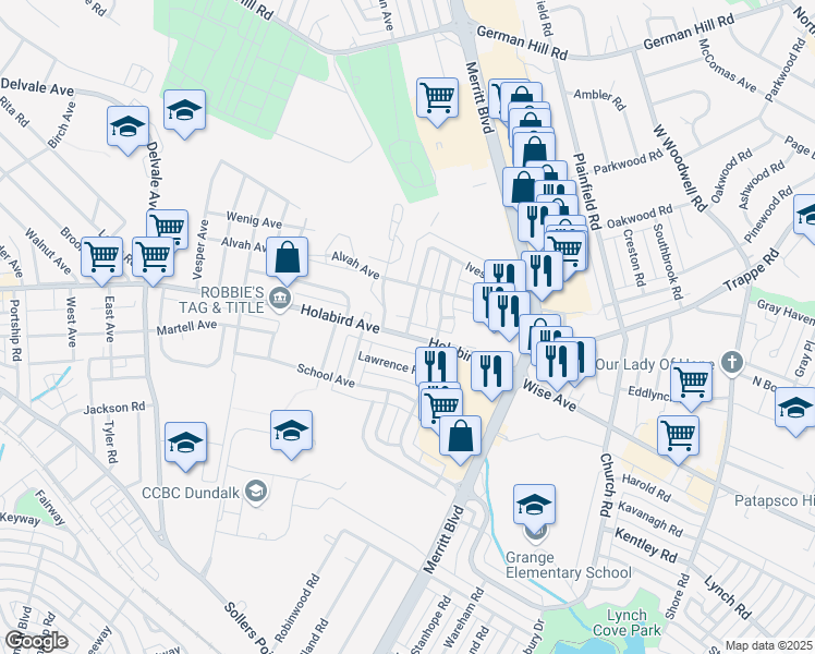 map of restaurants, bars, coffee shops, grocery stores, and more near 7500 Holabird Avenue in Dundalk