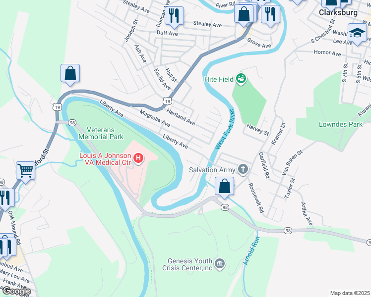 map of restaurants, bars, coffee shops, grocery stores, and more near 300 Liberty Ave in Clarksburg