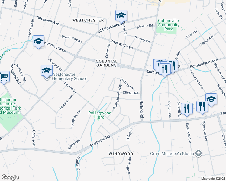 map of restaurants, bars, coffee shops, grocery stores, and more near 203 Elpin Drive East in Catonsville