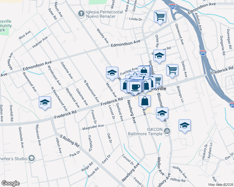 map of restaurants, bars, coffee shops, grocery stores, and more near 4 Melvin Avenue in Catonsville