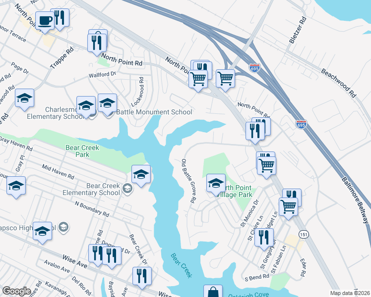 map of restaurants, bars, coffee shops, grocery stores, and more near 7624 Old Battle Grove Road in Dundalk