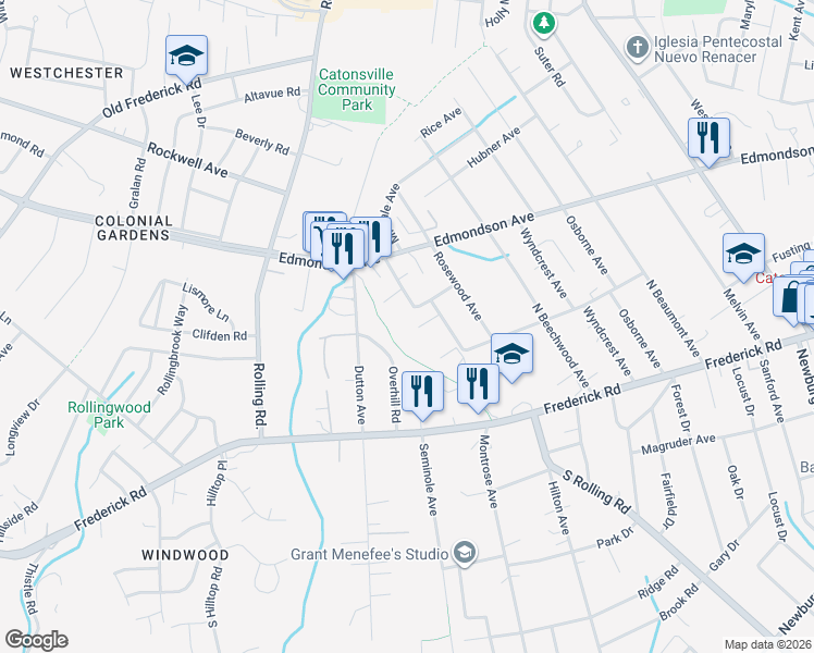 map of restaurants, bars, coffee shops, grocery stores, and more near 8 Sugar Court in Catonsville