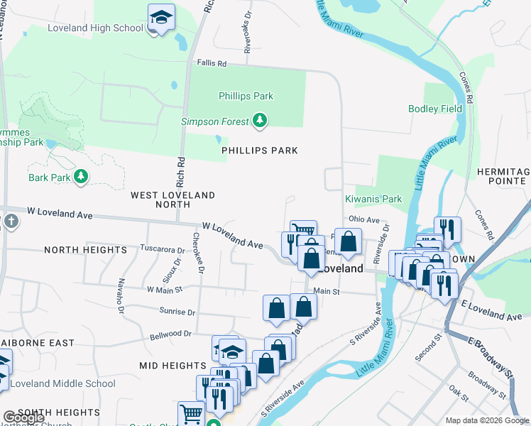 map of restaurants, bars, coffee shops, grocery stores, and more near 890 West Loveland Avenue in Loveland